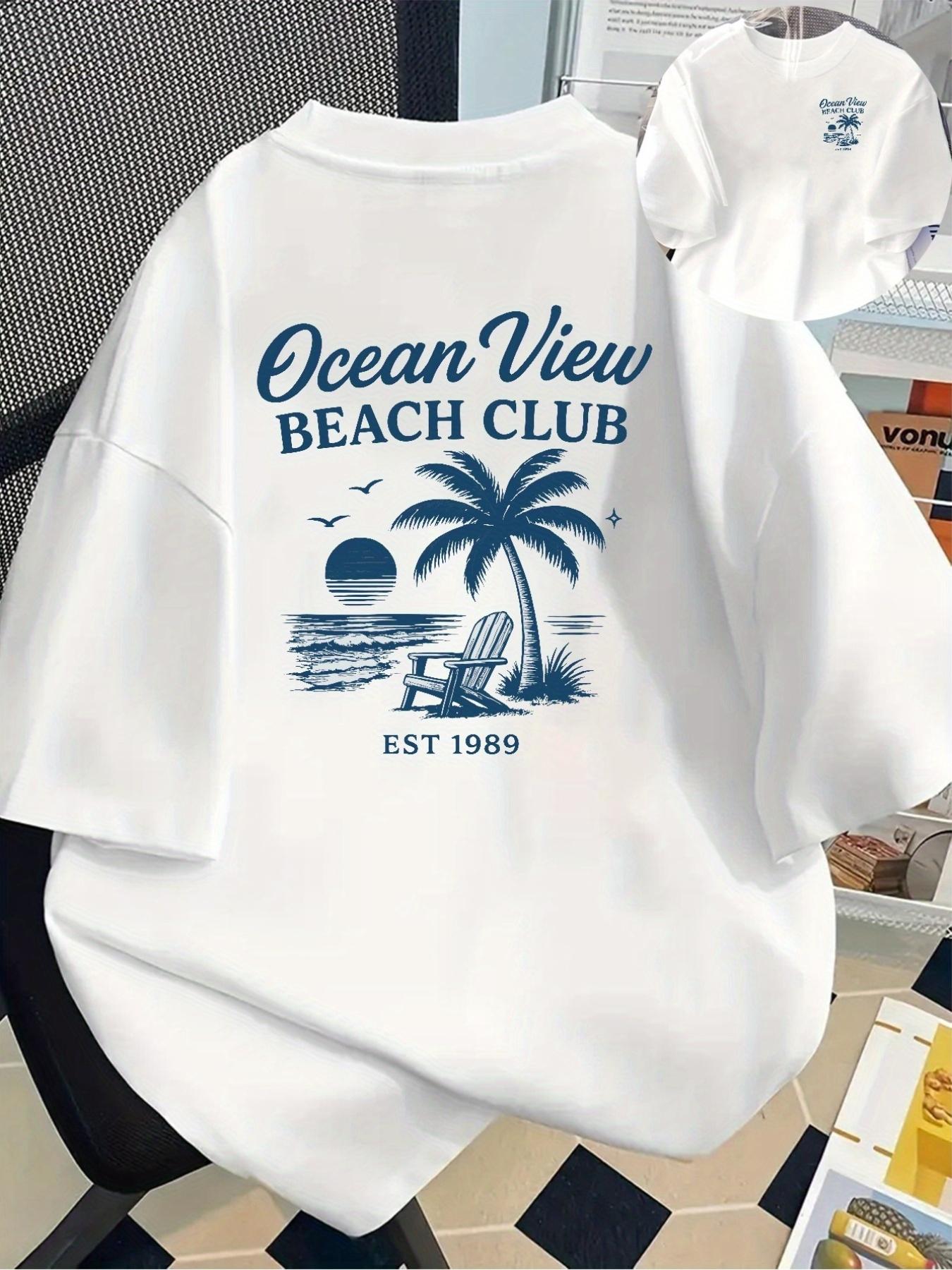   beach club graphic t shirt     tree print short sleeve tee retro   cotton top casual holiday gift for men women