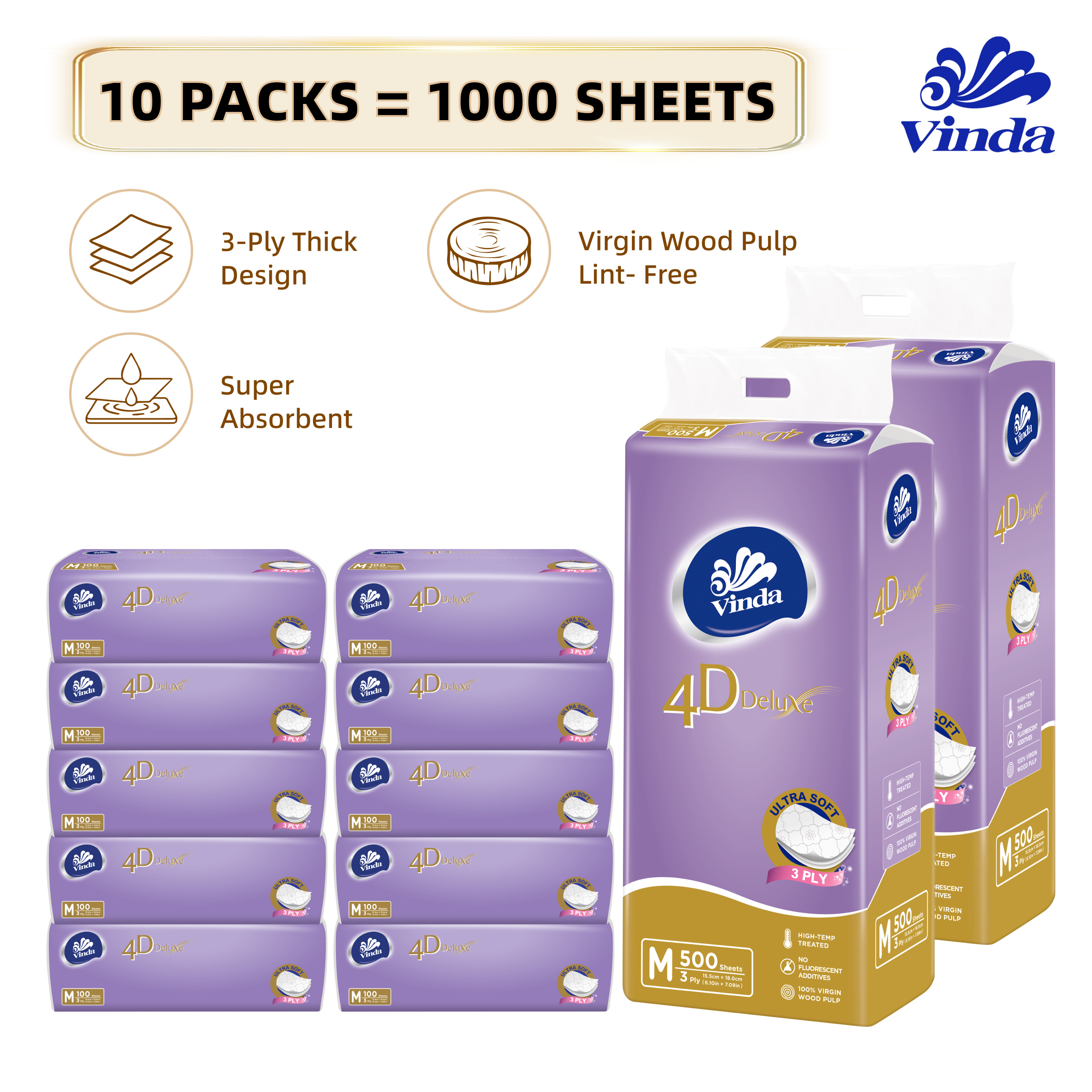 TEMU Vinda 4d Soft Facial Tissue (10 Packs/1000sheets) – 3-ply Thick & Durable For Long-lasting Use, 100 Sheets, , Wood , Strong Absorbency,