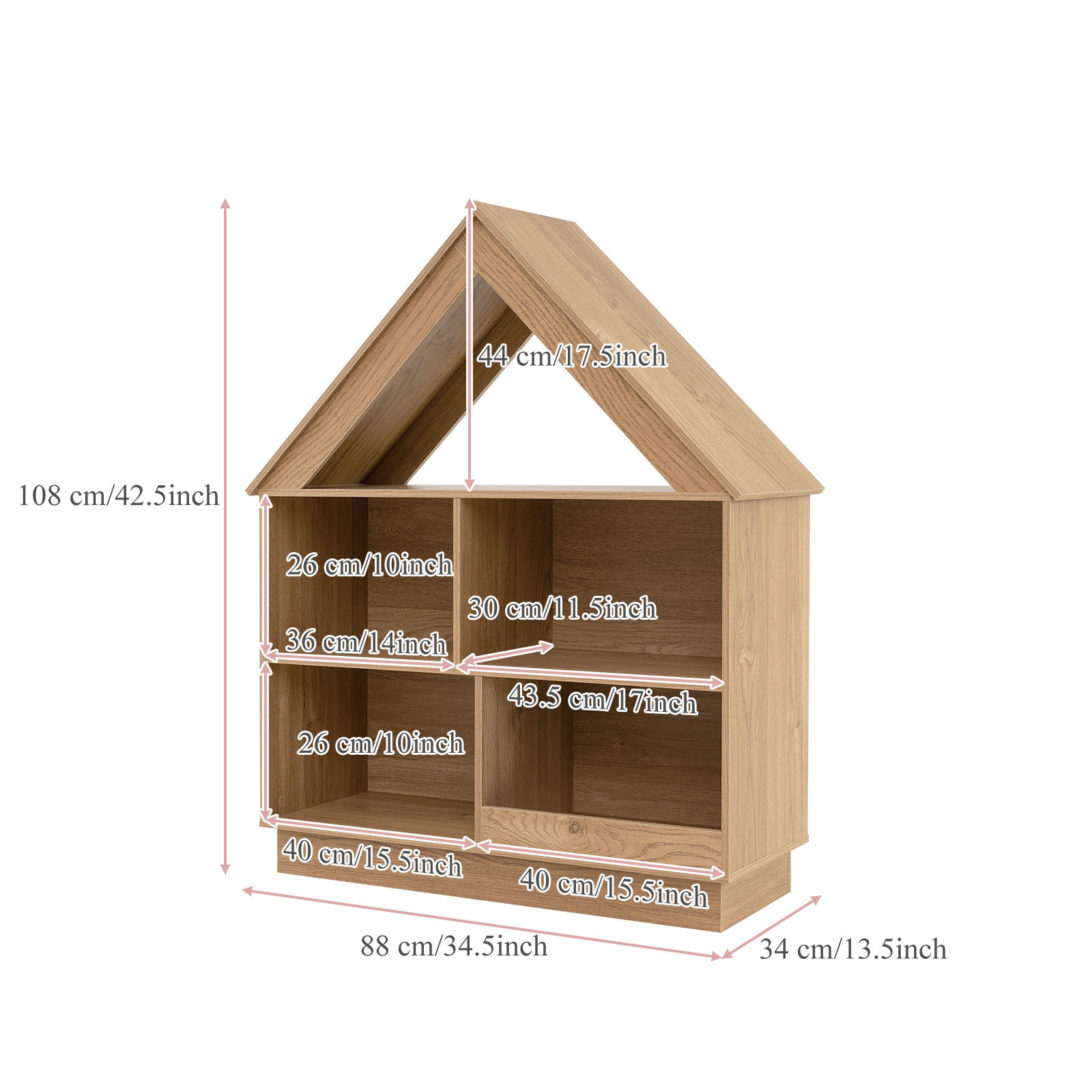 COSTWAY Wooden Kids Dollhouse Bookshelf, Toy Storage Organizer with 5 Compartments & Anti-Tip Kits, 3-Tier Open Display Shelf for Toddlers, House-Shaped Book Organizer for Nursery, Playroom, Living Room