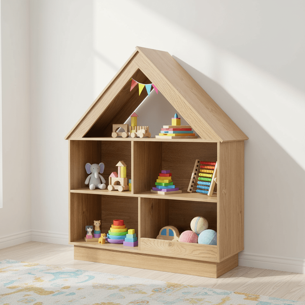 COSTWAY Wooden Kids Dollhouse Bookshelf, Toy Storage Organizer with 5 Compartments & Anti-Tip Kits, 3-Tier Open Display Shelf for Toddlers, House-Shaped Book Organizer for Nursery, Playroom, Living Room