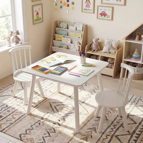 kids table and 2 chairs set wooden childrens activity table set with curved spindle backrests round seats solid wood legs toddler furniture for craft