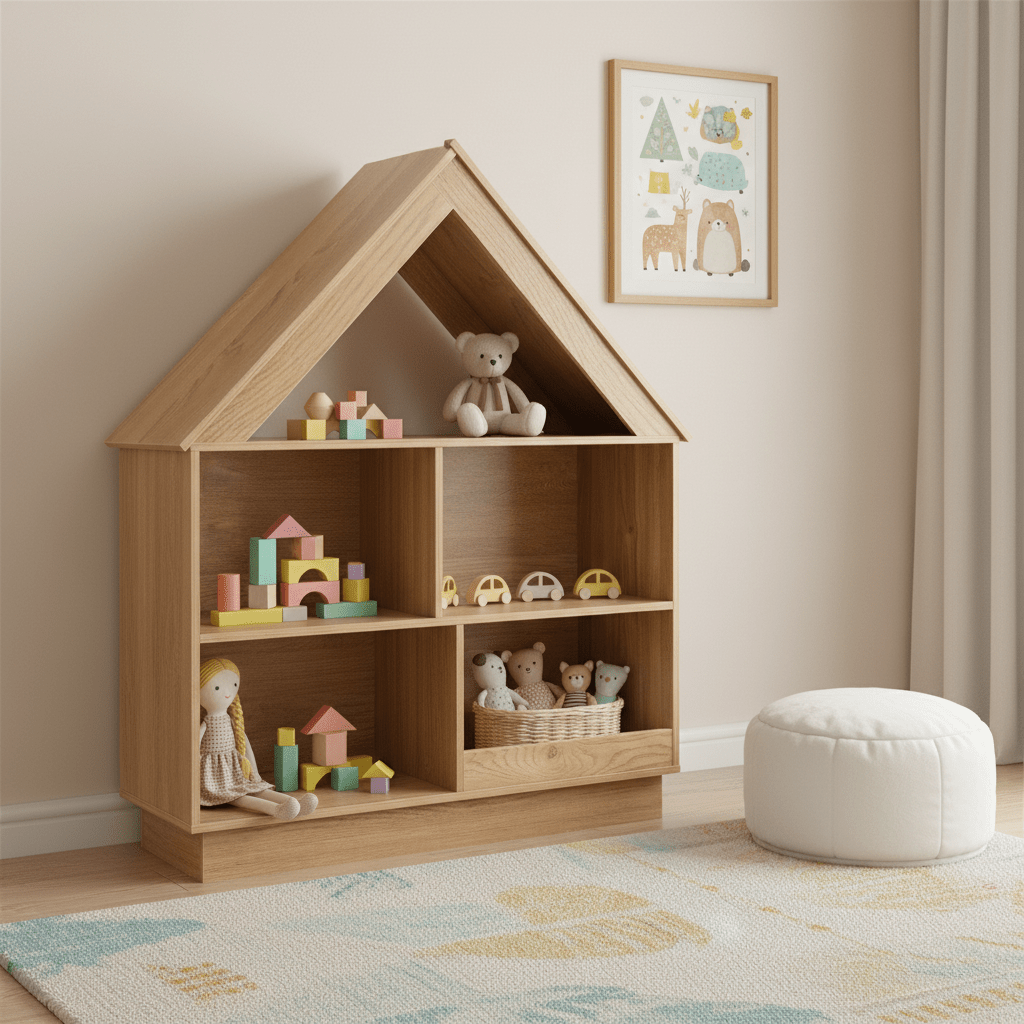COSTWAY Wooden Kids Dollhouse Bookshelf, Toy Storage Organizer with 5 Compartments & Anti-Tip Kits, 3-Tier Open Display Shelf for Toddlers, House-Shaped Book Organizer for Nursery, Playroom, Living Room