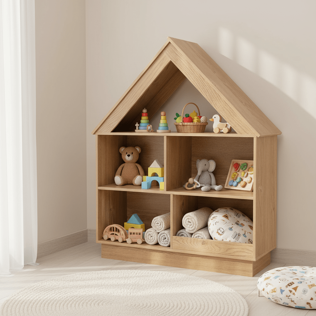 COSTWAY Wooden Kids Dollhouse Bookshelf, Toy Storage Organizer with 5 Compartments & Anti-Tip Kits, 3-Tier Open Display Shelf for Toddlers, House-Shaped Book Organizer for Nursery, Playroom, Living Room