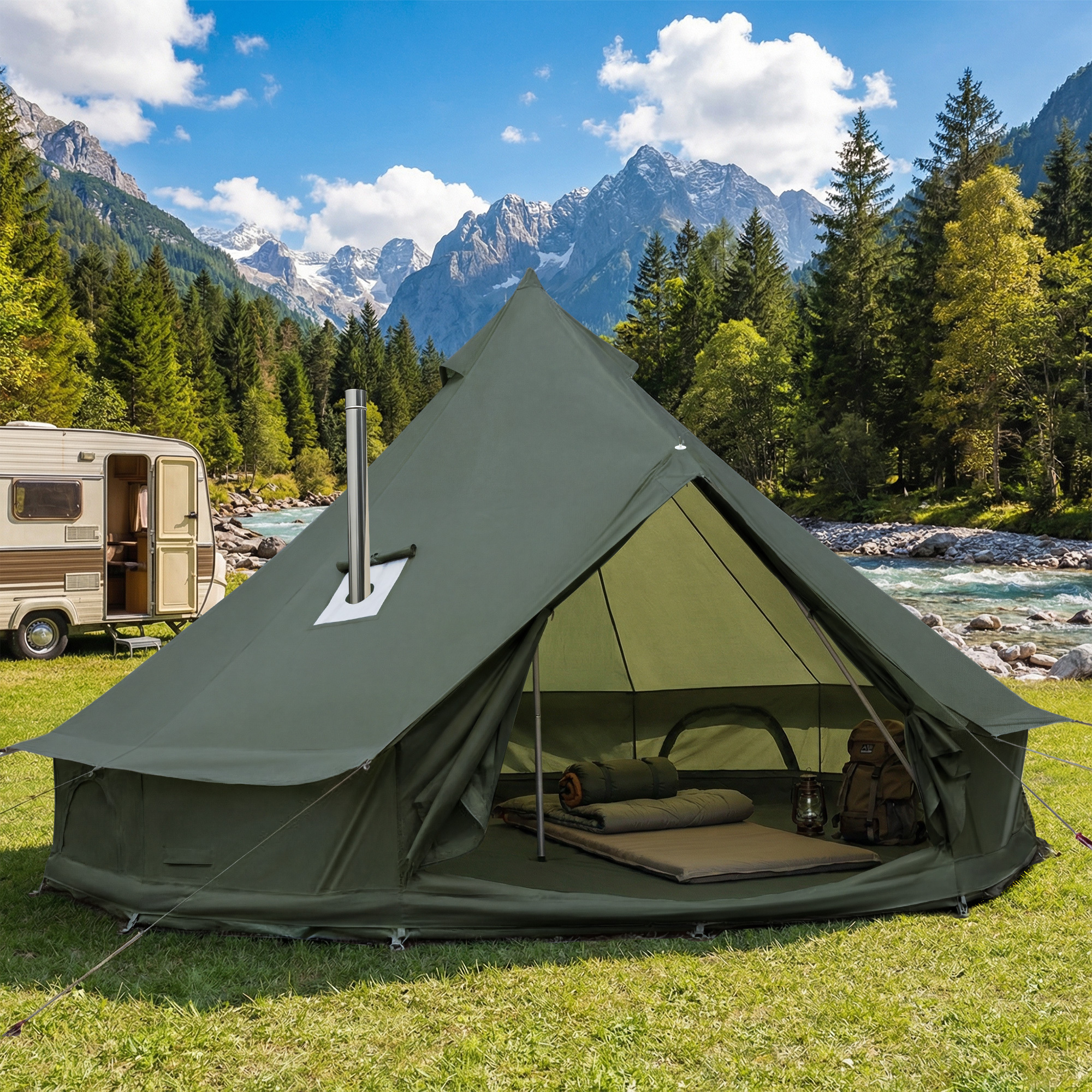 luxury oxford fabric bell tent yurt canvas tent with stove jack 4 6 8 person   season camping green