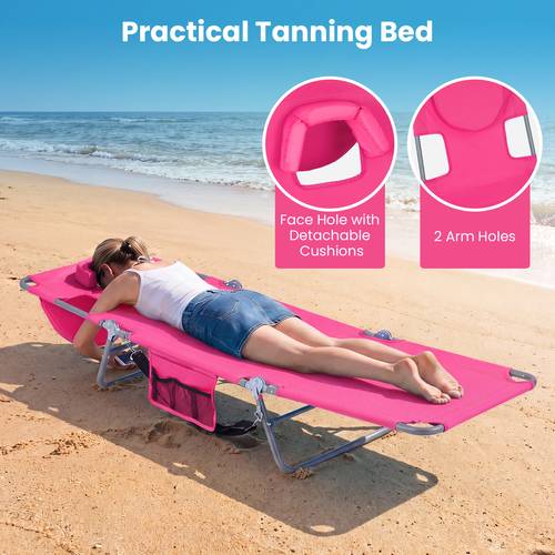 outdoor tanning chair folding chair w 5 position adjustable backrest storage pocket portable sunbathing chair w face hole 2 arm holes removable cushions for beach poolside lawn