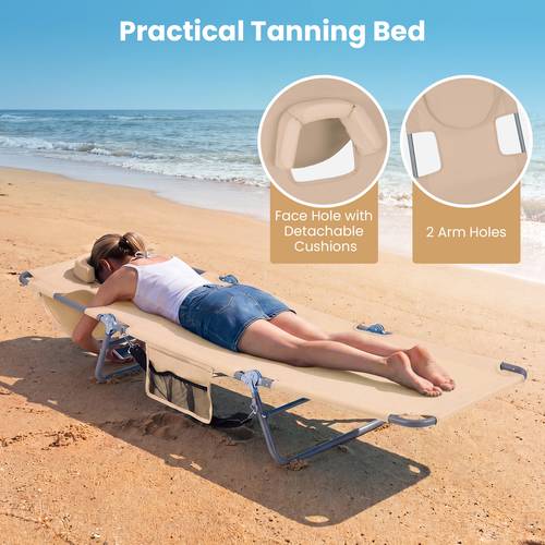 outdoor tanning chair folding chair w 5 position adjustable backrest storage pocket portable sunbathing chair w face hole 2 arm holes removable cushions for beach poolside lawn