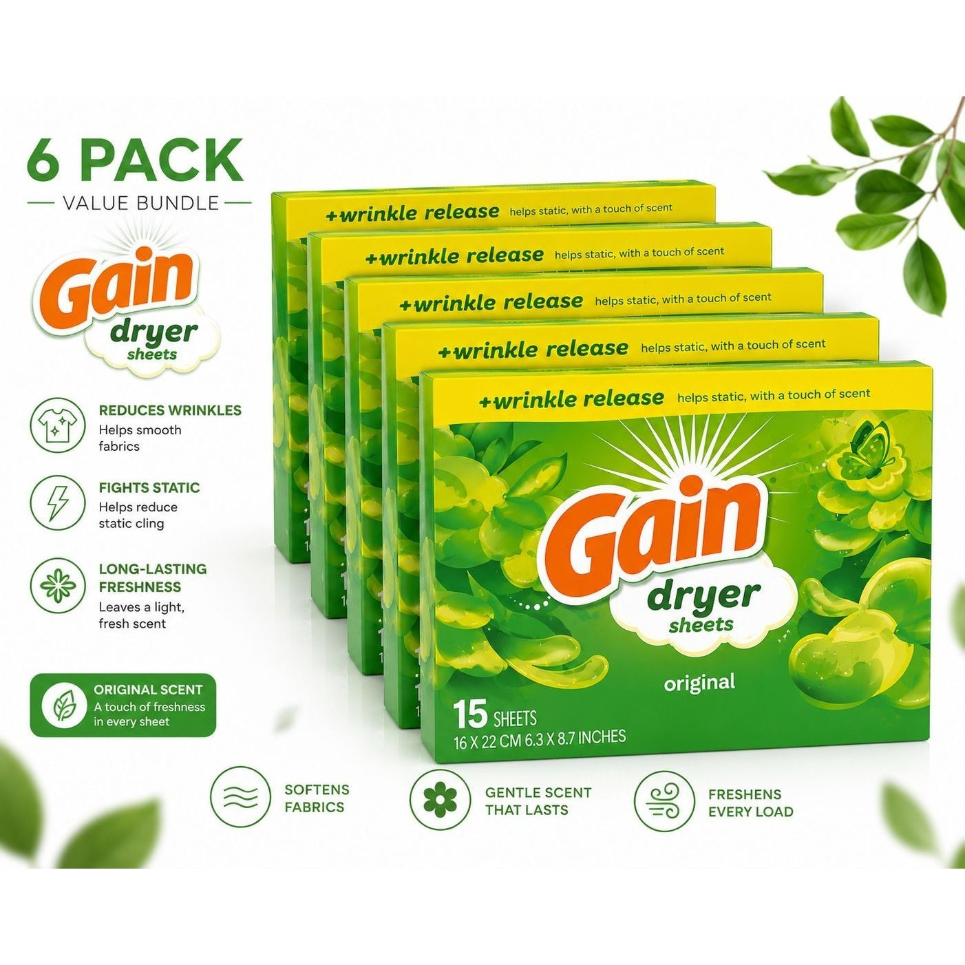 TEMU Dryer Sheets Original Scent, 15 Sheets Each, Wrinkle Release & , 6 Pack – 90 Sheets Total