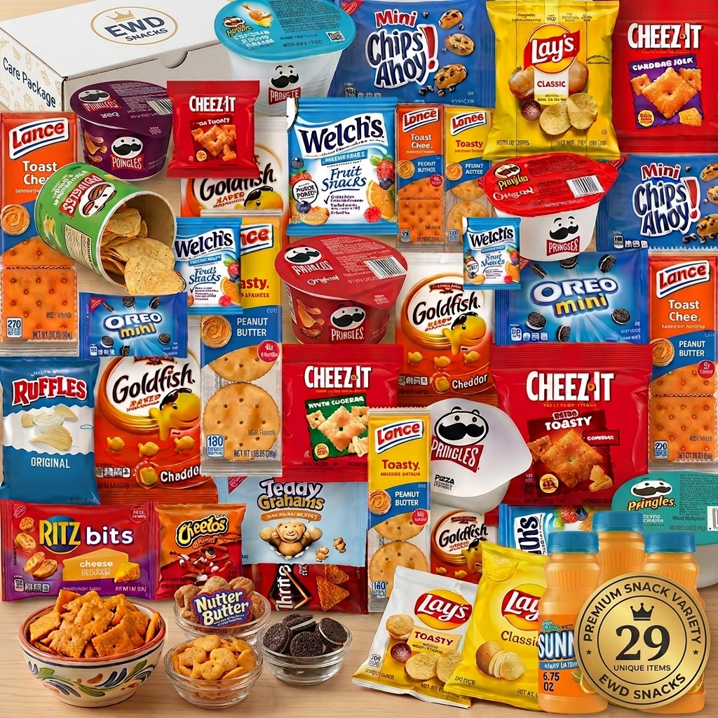 TEMU 29 Piece Snack & Drink Combo Box - Includes 4 Sunnyd Juice Bottles, Crispy Potato Chips, Savory Crackers & Mini Biscuits, Ultimate All-in-one