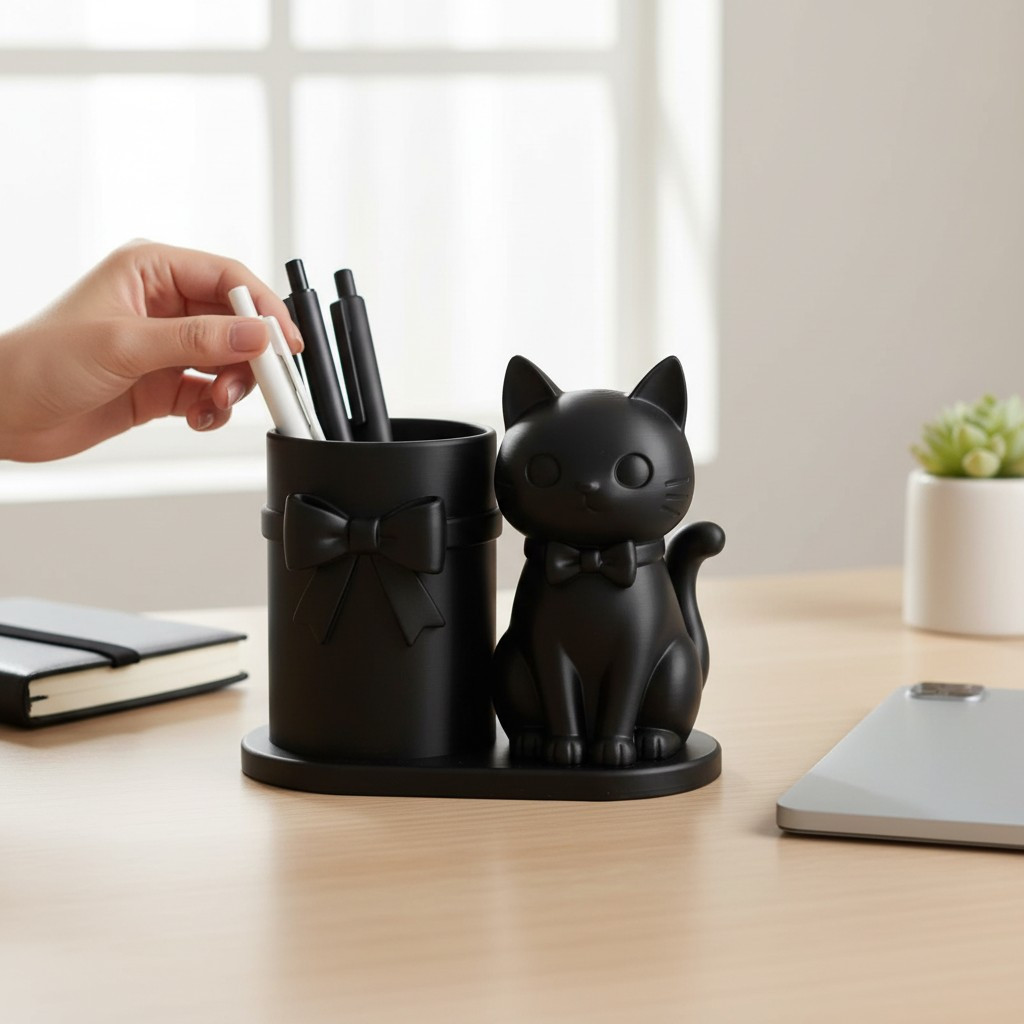 TEMU Black Cat Desk Pen Holder With Bow‑knot Decor, Cute Animal Figurine Pencil Organizer, Desktop Storage Container For Office School Home Tabletop
