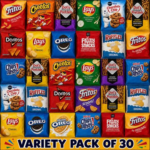 of 30 assorted chips cookie pretzels fruit snacks individually packed snacks for parties road trips