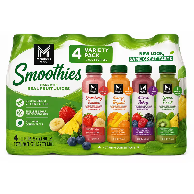 TEMU Fruit Smoothie Variety Pack, Ready-to-drink Blended Fruit Beverages, Assorted Flavors, 10 Fl Oz 4 Bottles, Pack Have 4 Delicious Juice Bottles