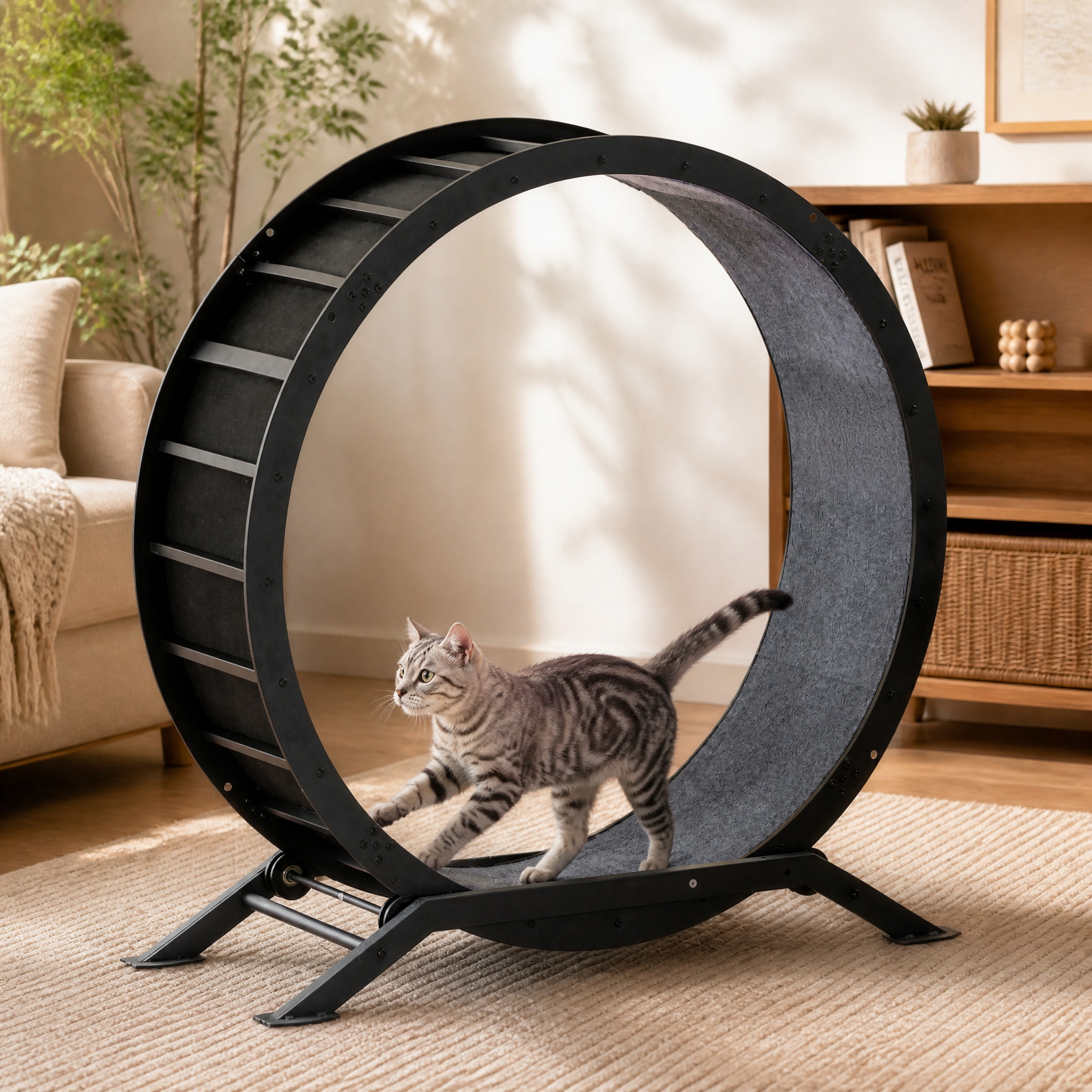 TEMU Cat Wheels, 40" Diameter, Large Cat Exercise Wheel For Indoor Cats Cat Treadmill Metal With Detachable Carpet & Teaser/stickers, Scroll Wheel