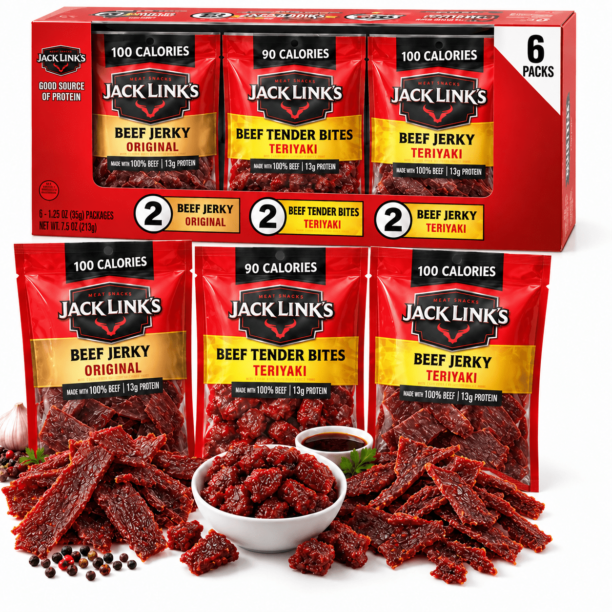 TEMU Jack Link’s Beef Jerky Variety Pack, 6 Count, 1.25 Oz Individual Packs, Original Beef Jerky, Teriyaki Beef Jerky & Tender Bites, Savory Meat