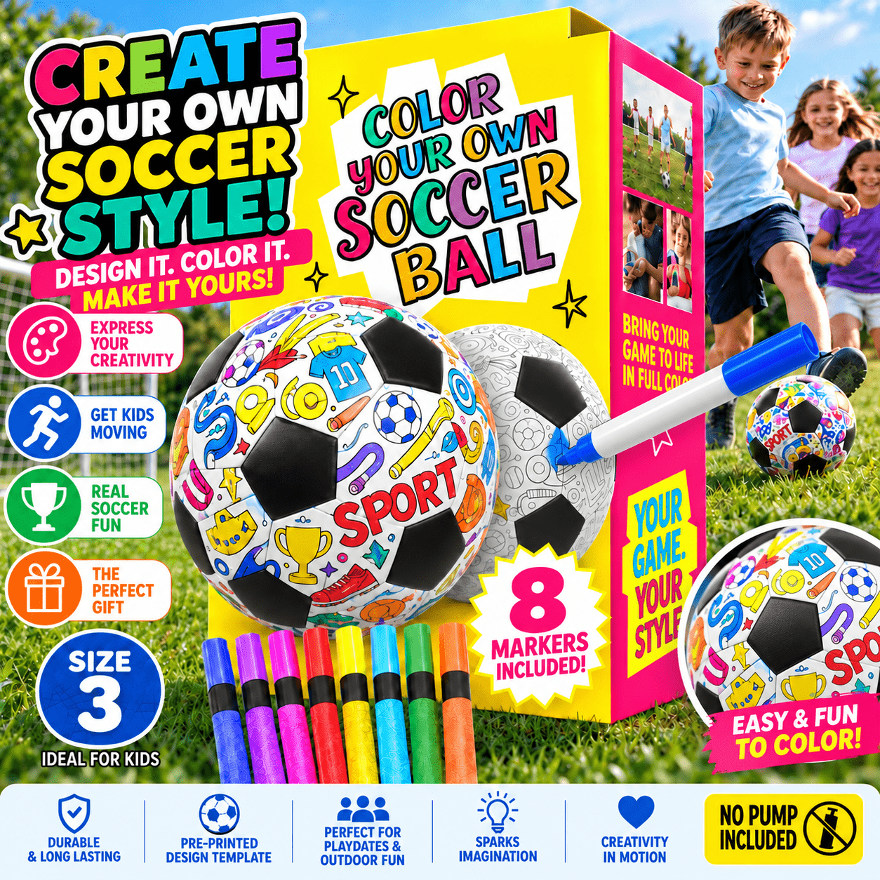 TEMU Color Your Own Soccer Ball Kit For Kids, Size 3 Diy Soccer Ball With 8 Color Markers & Pre-printed Design Template, Sports Craft, Birthday &