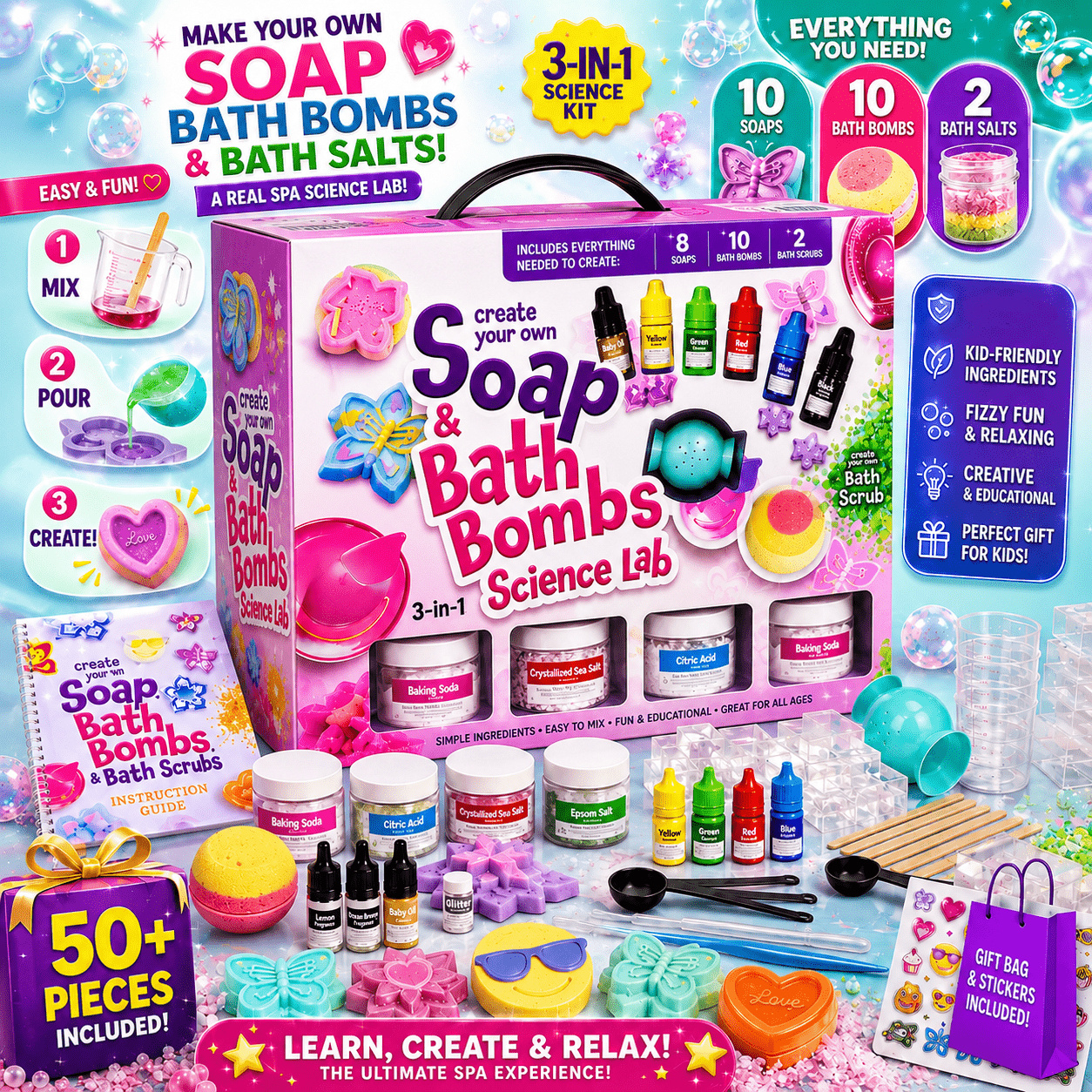 TEMU 3-in-1 Soap, Bath & Bath Salt Making Kit For Kids, 50+ Piece Spa Science Craft Set To Make 10 Soaps & 10 With Molds, Colors, Fragrances, Glitter