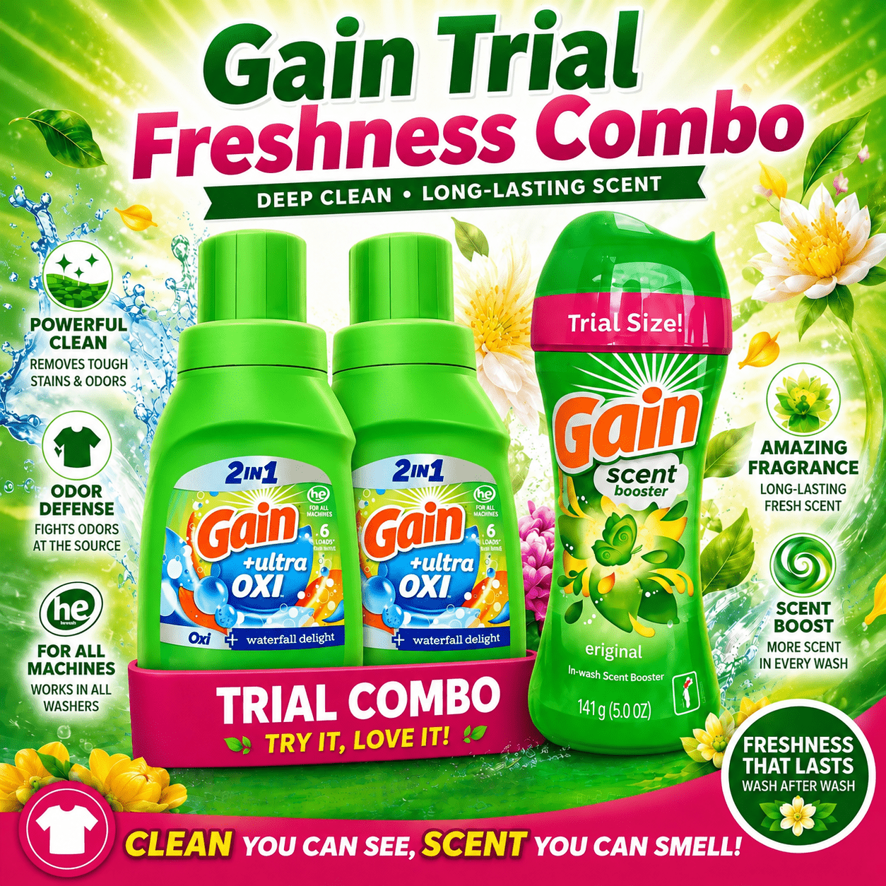 TEMU Trial Freshness Combo ( 2 Pack Odor Defense Detergent 10 Fl Oz + 1 Pack Original Scent Booster 5 Fl Oz)