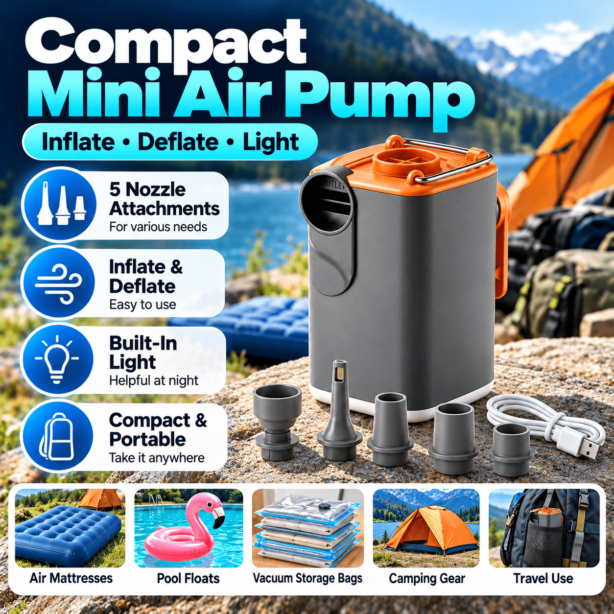 TEMU Portable Mini Air Pump For Inflatables, Inflator & Deflator With 5 Nozzles And Built-in Light, Compact Pump For Air Mattresses, Sleeping Pads,