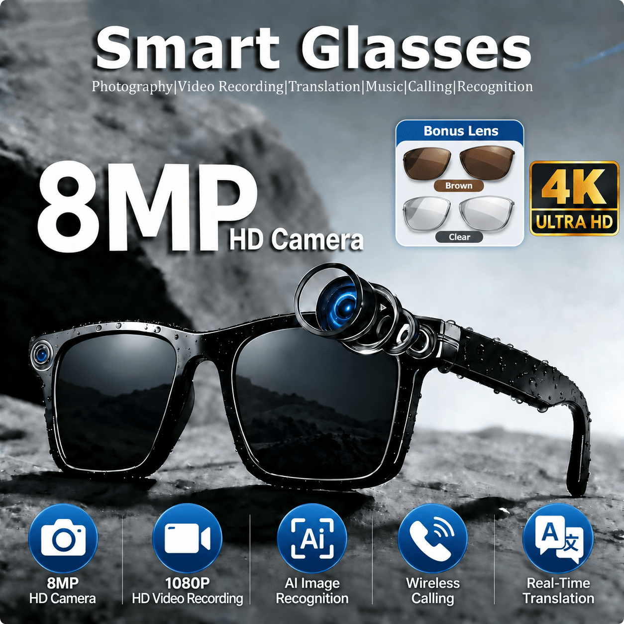 TEMU Ai Smart Glasses With 8mp Camera, Hd Video Recording, Real-time Translation, Bluetooth Calls & Music, Touch Control, Ai Recognition, 3pairs Of