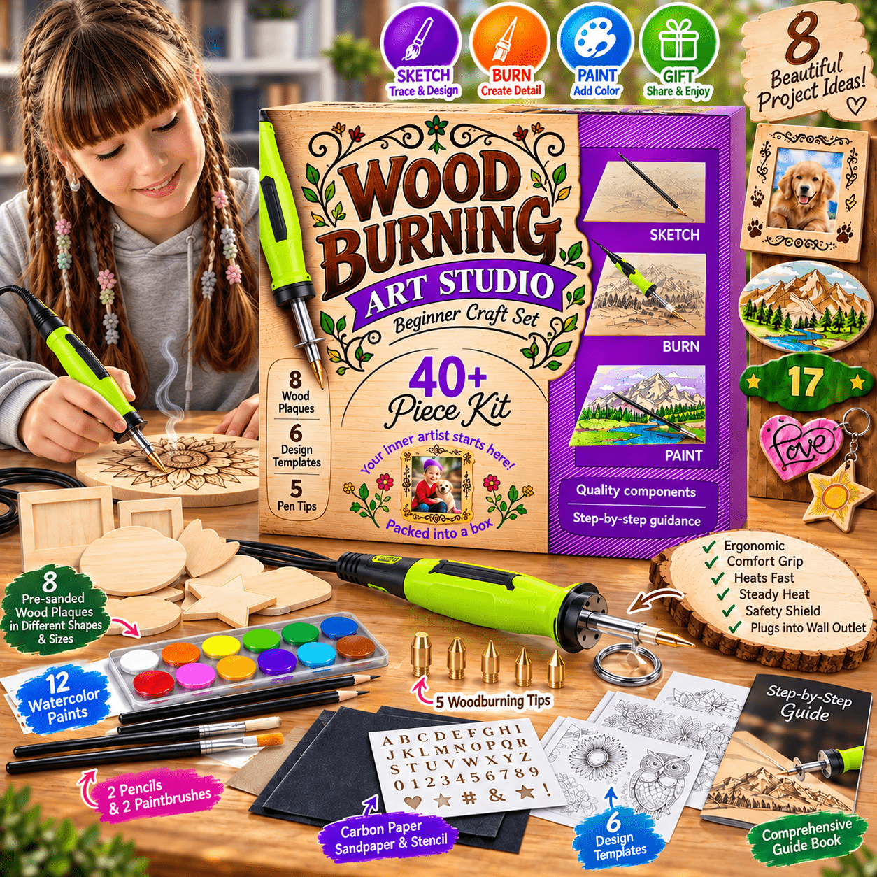 TEMU Wood Kit For Beginners, 40+ Piece Pyrography Craft Set With Wood Burning Tool, 5 Tips, 8 , 12 Paints, Stencils, Templates & Guide, Creative Gift
