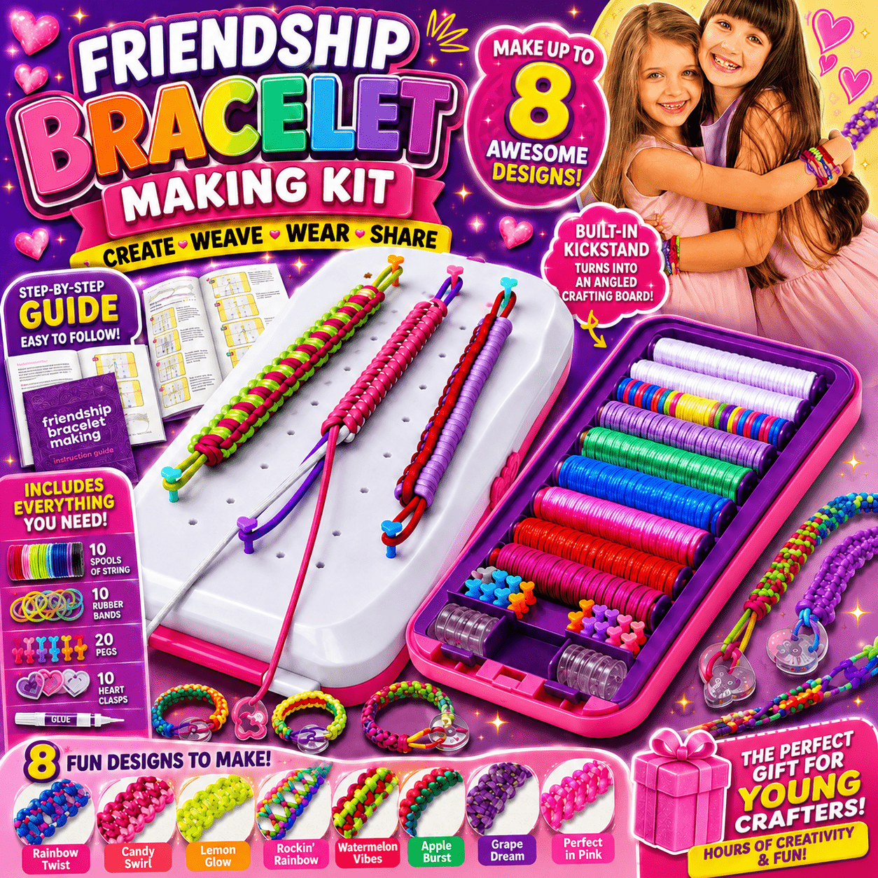 TEMU Friendship Bracelet Making Kit For Kids, Diy Craft Set With 10 Colorful String Spools, Heart Clasps, Pegs & Storage Case Crafting Board, Bracelet Designs, Creative Birthday & Holiday Gift