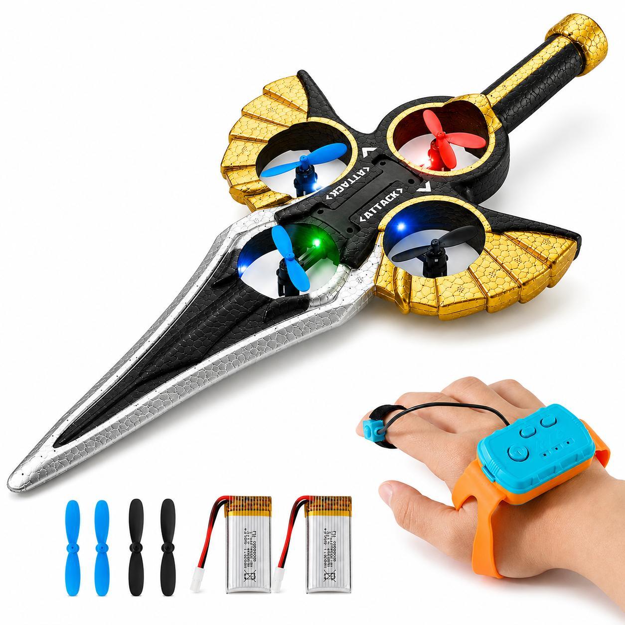 TEMU Flying Sword Mini Drone With Led Lights, Rc Quadcopter With 4 Propellers & Watch-style Gesture Remote, Hold, /landing, 360° Rolls, Gift For Kids