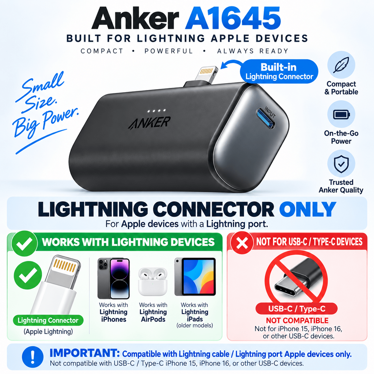 TEMU Bank 5000mah With Built-in Lightning Connector, Mfi Certified Portable Charger For Iphone 14/13/12, Foldable Plug, Compact Travel Battery Backup