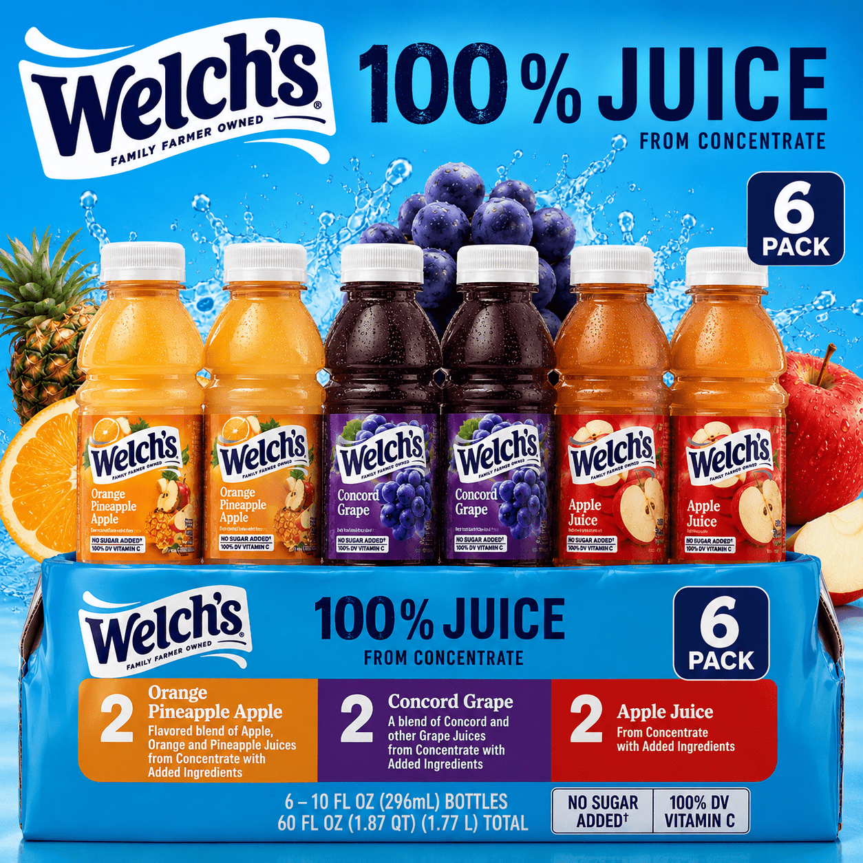 TEMU Variety Pack 10 Oz. 2 Orange Pineapple 2 Concord Grape 2 Juice. 6 Packs Great For Every Moment