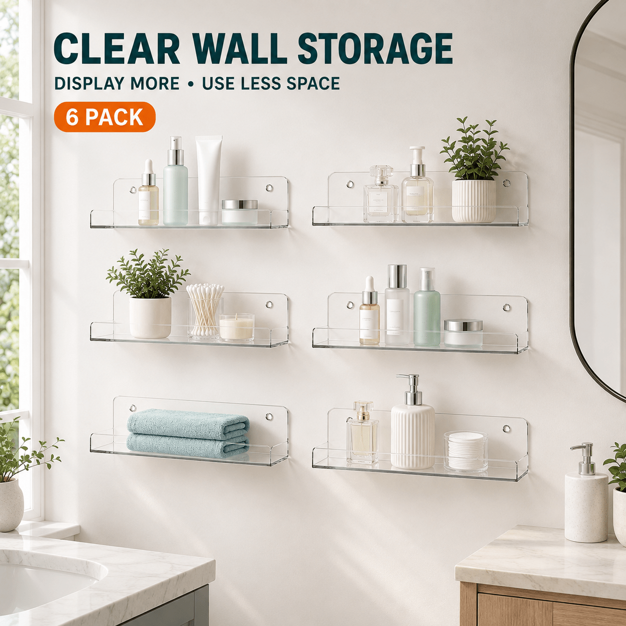 TEMU 3 Pack/6 Pack Clear Floating Shelves For Wall, 15-inch Wall-mounted Organizer Display Shelves With Raised Front Lip And 2-way Installation For