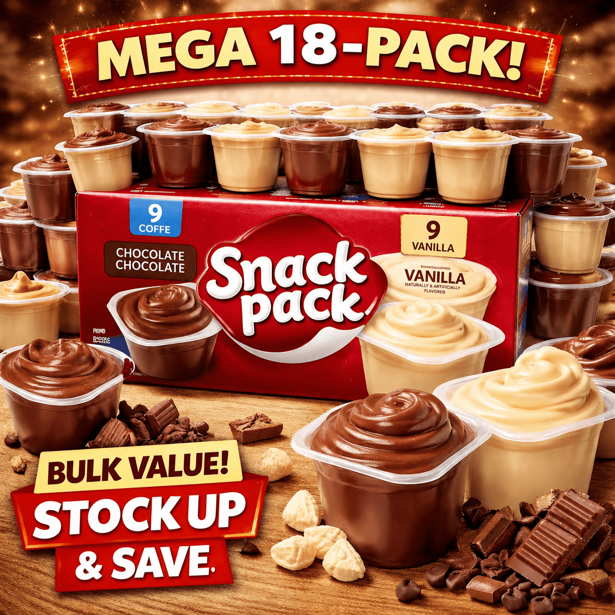 TEMU Snack Pack Pudding 18 Cups Variety Pack, 9 Chocolate & 9 Vanilla, Ready-to-eat Creamy Dessert Cups, Bulk Snack For Kids, Lunches & Parties
