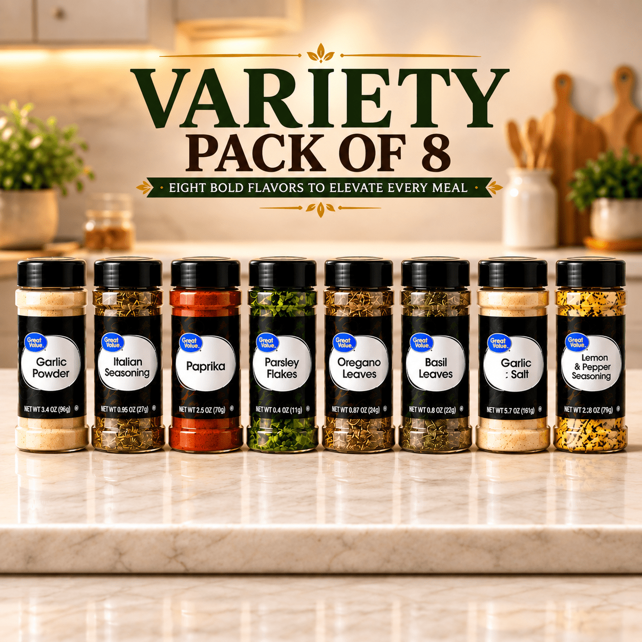 TEMU Great Value Variety Pack Of 8 Seasonings – 1.34 Lb Total, Paprika, Garlic Powder, Italian Seasoning, Garlic Salt, Oregano, Basil, Parsley, Lemon