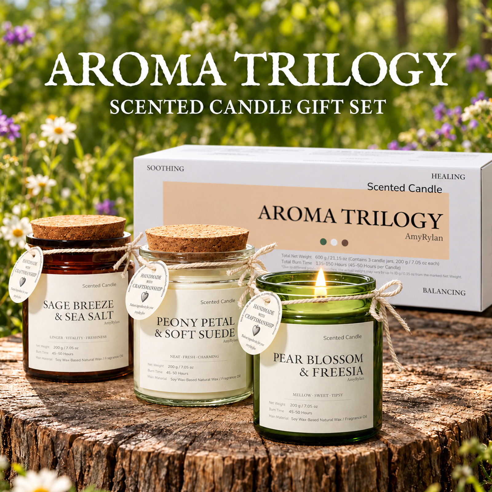 3-Pack Scented Candle Gift Set 7.05 oz Each, Double Wooden Wick Soy Wax Blend Jar Candles with Cork Lids