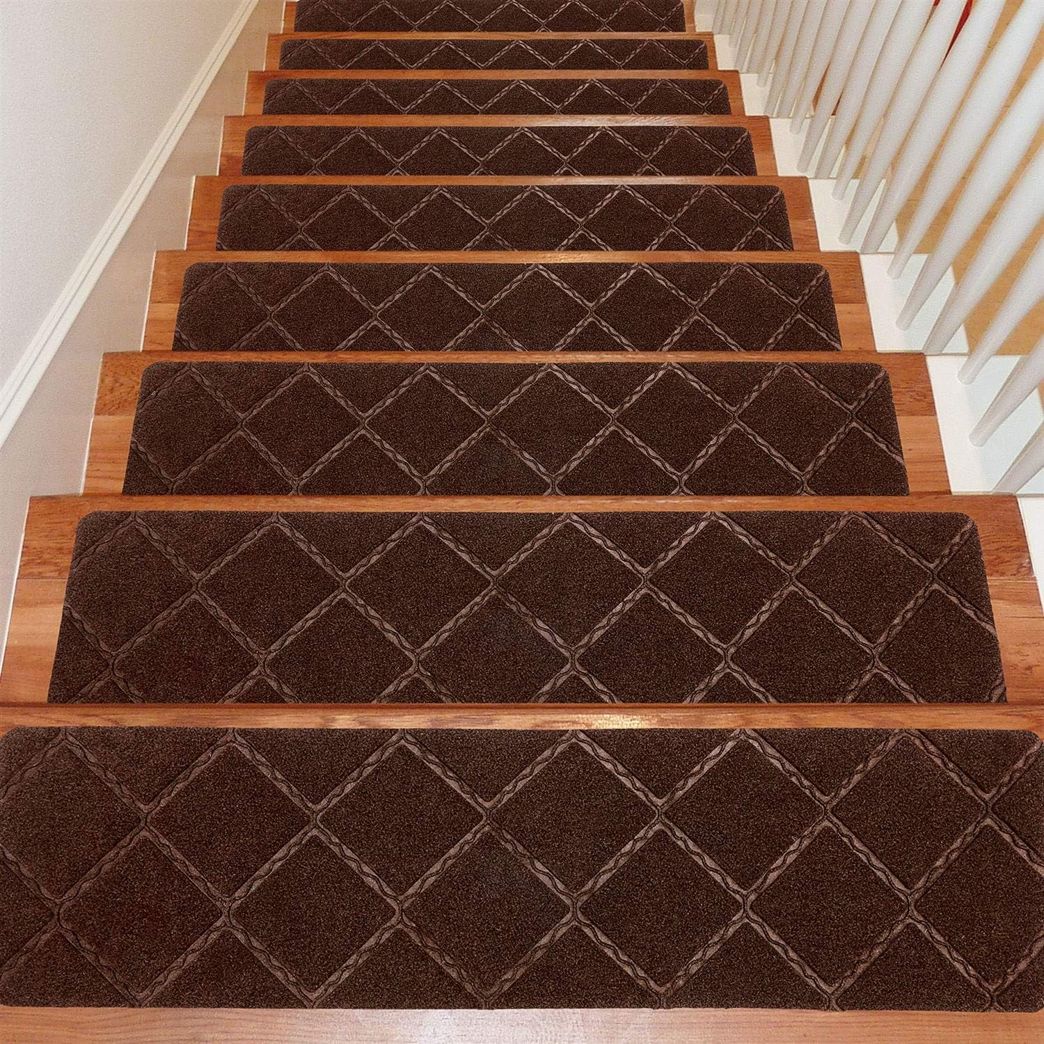 TEMU 15-pack Non-slip Stair Treads, 8 X 30 Inch Indoor Step Covers For Wooden Stairs, Tpe Backing, Reusable Safety Pads For Seniors And Pets, Brown