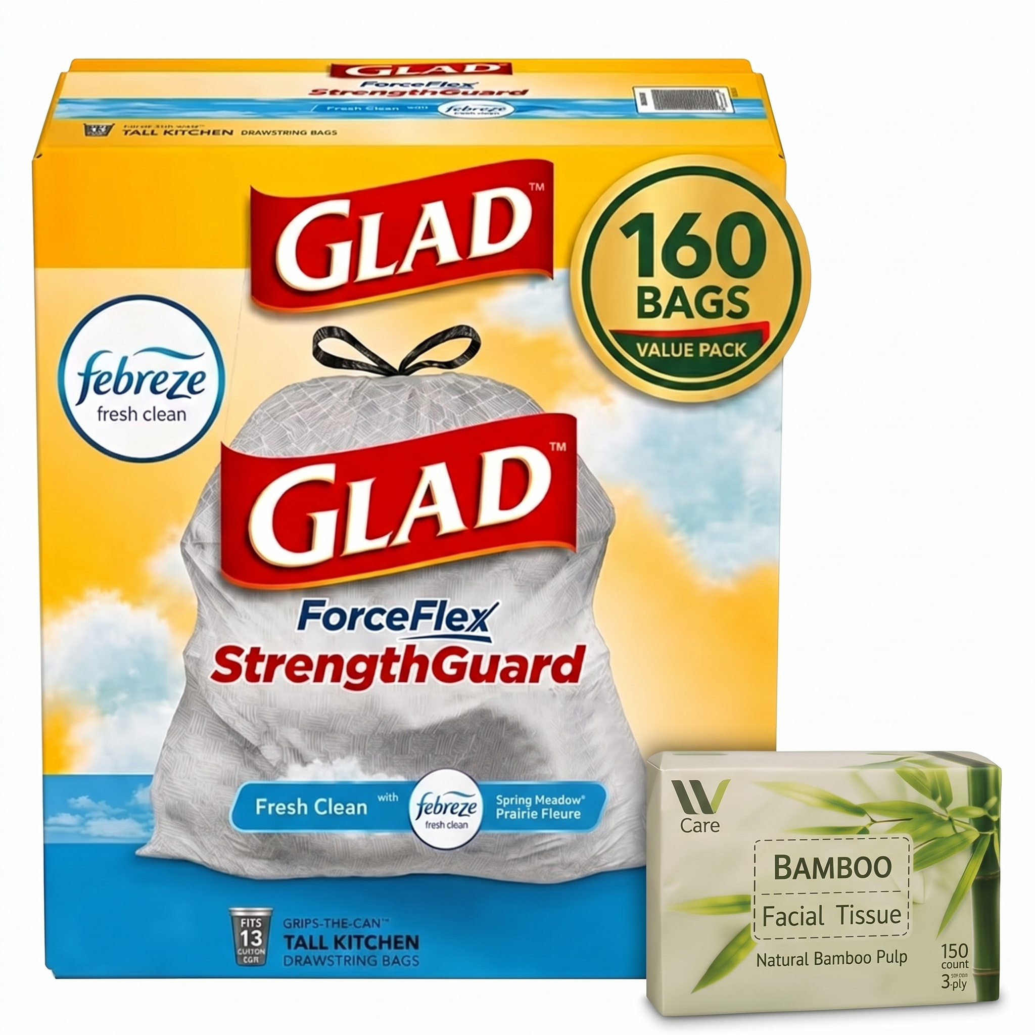 160 Count - 13 Gallon | Glad Tall Kitchen Trash Bags, With , Drawstring Garbage Bags, Strong Waste Bags With Tissue Pack