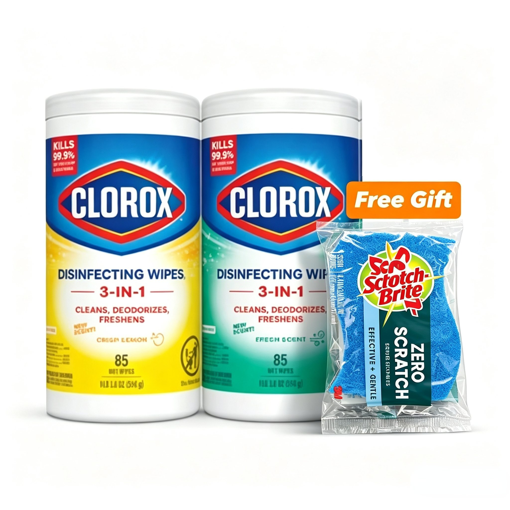 Clorox Cleaning Wipes, 2 Count And Lemon, 7.7oz Each, Kitchen And Bathroom Surface Cleaning Wipes, Great For Travel, Daily Homeuse, Outside, With Free Dish Soap