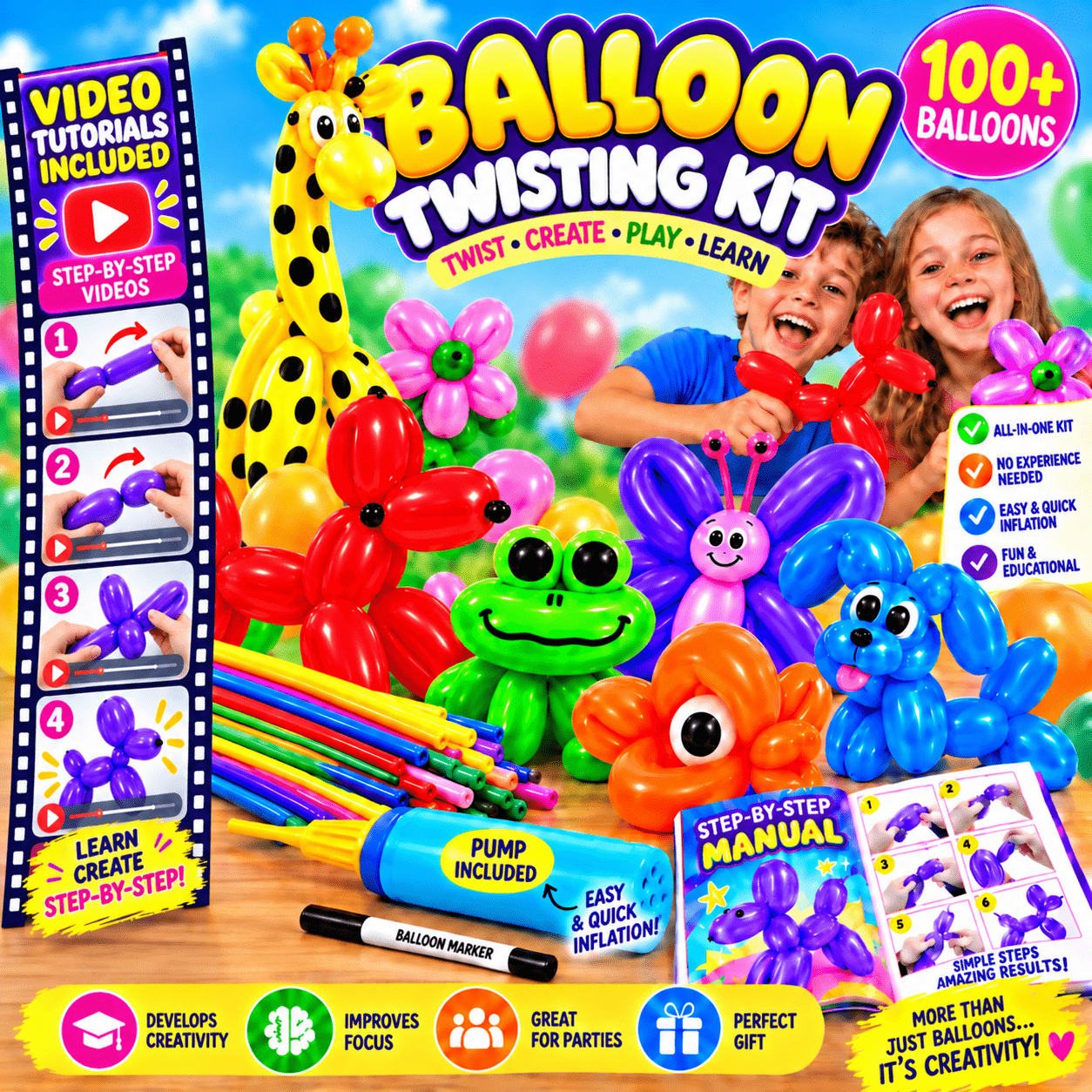 TEMU Kit For Kids & Beginners, 100+ Colorful Balloons With Pump, Marker, Manual & Video Tutorials, Diy Balloon Animal Party Activity, Birthday &