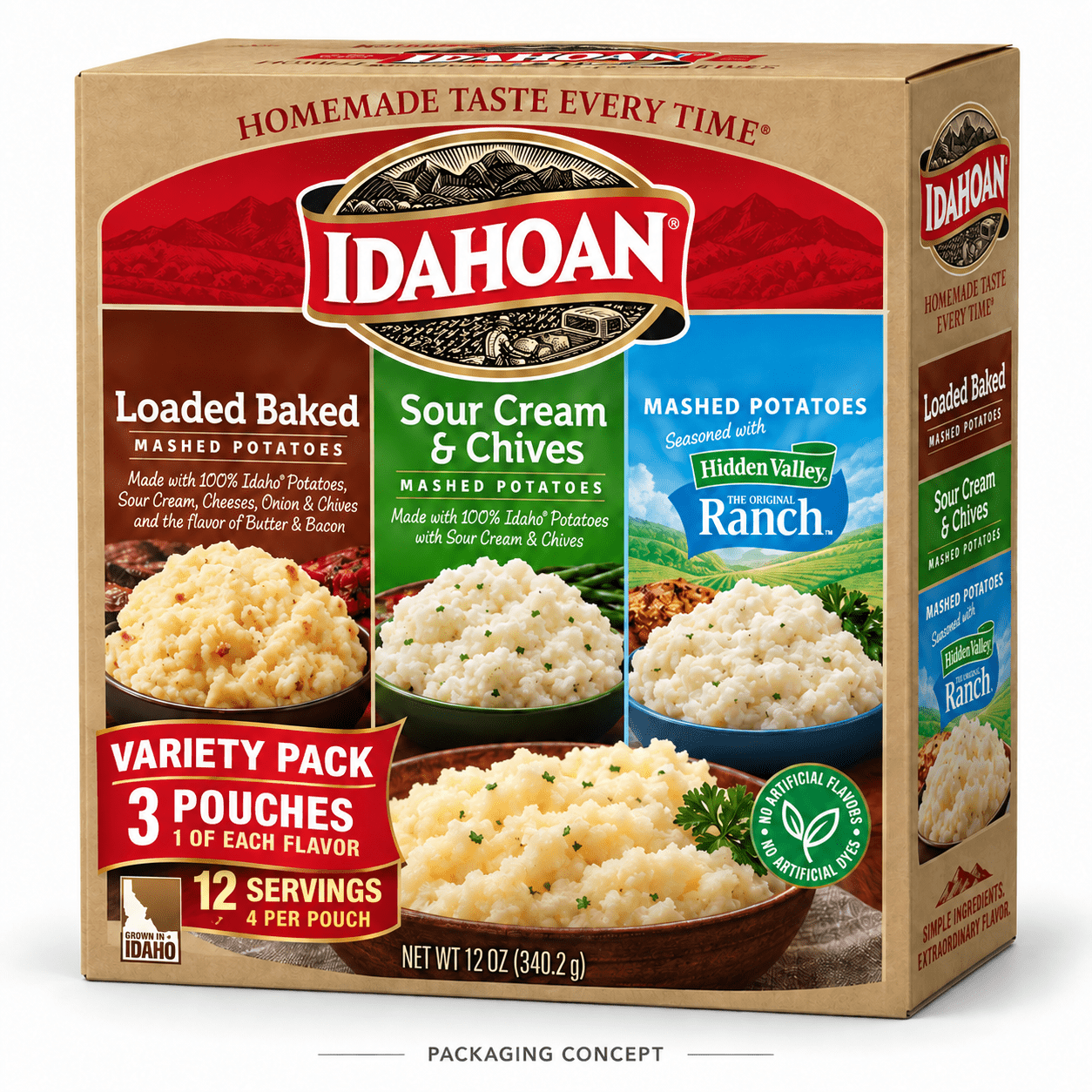TEMU Idahoan Mashed Potatoes Variety Pack, 3 × 4 Oz Pouches, Loaded Baked, Sour Cream & Chives, Hidden Valley Ranch, 12 Servings