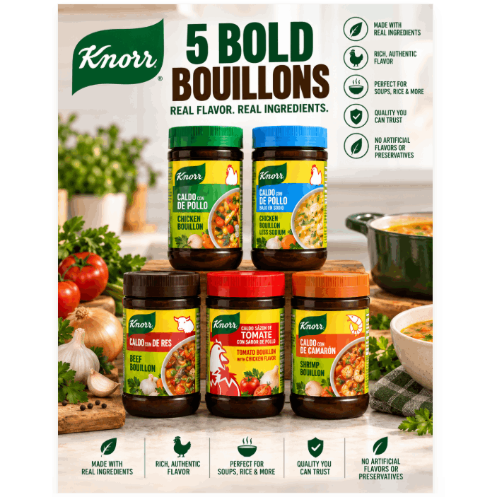 TEMU Knorr Bouillon Variety Pack Of 5 – Chicken, Reduced Sodium Chicken, Beef, Tomato Chicken & Shrimp Flavors 7.9oz Each Bottle