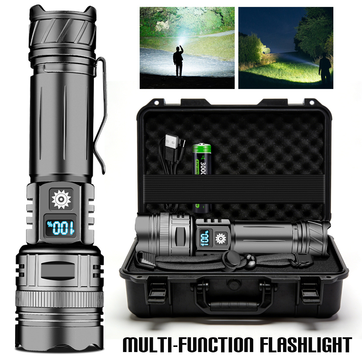 TEMU Usb Rechargeable Led Flashlight, Bright Powerful Zoom Torch With Battery & Power Display For Emergencies, Camping, Hiking, Fishing