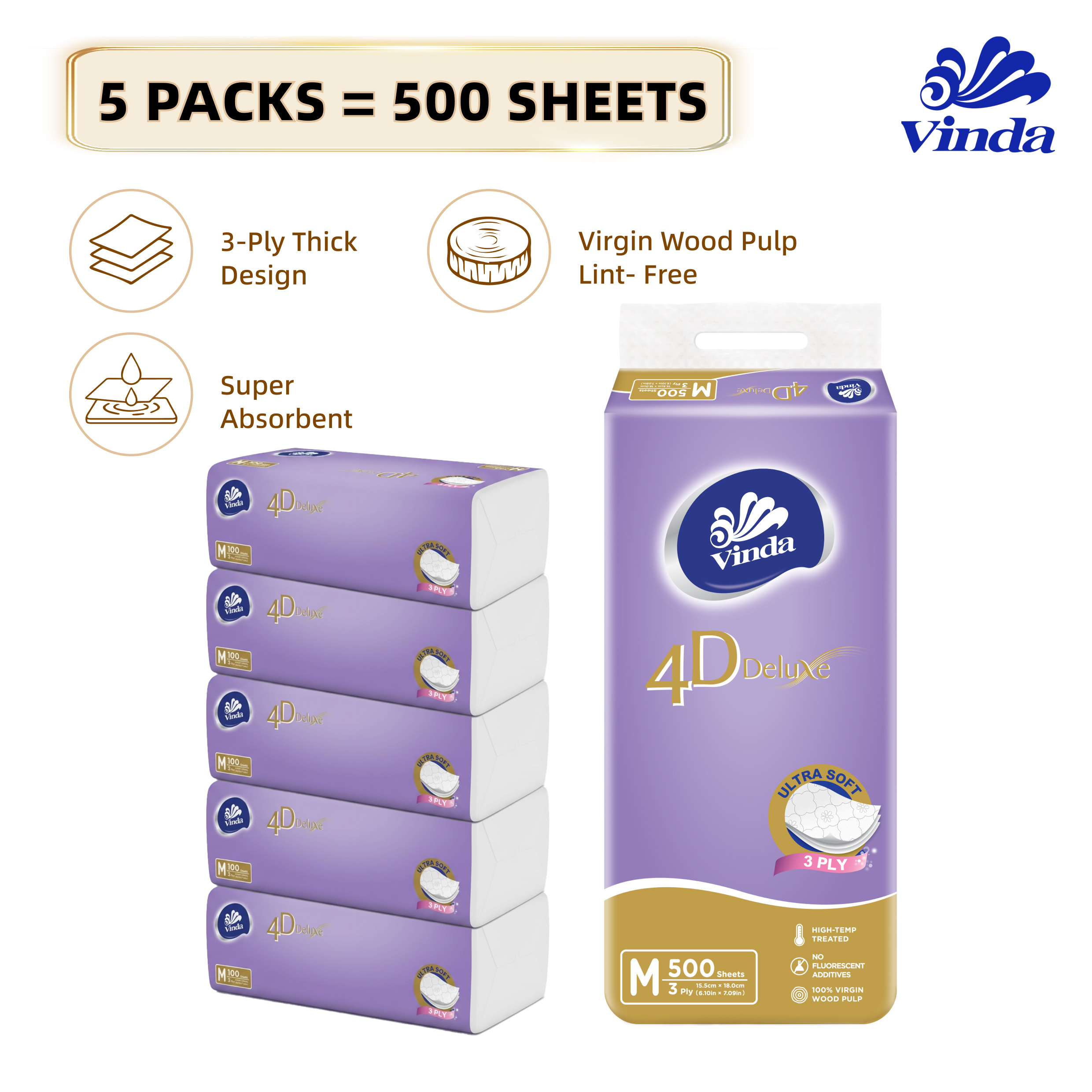 TEMU Vinda 4d Soft Facial Tissue (5 Packs) – 3-ply Thick & Durable For Long-lasting Use, 100 Sheets, , Wood , Strong Absorbency, Skin-friendly On