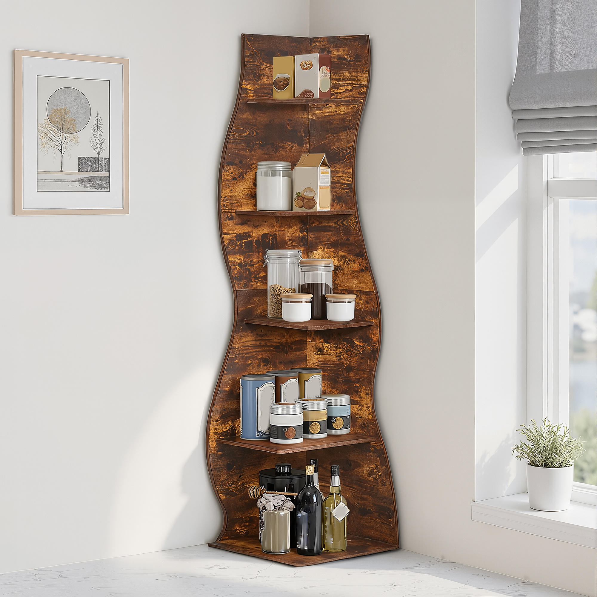 5-Tier Corner Shelf, Modern Wall Corner Bookshelf, Stylish Bookcase Storage Rack for Small Space, Living Room, Bedroom, Home Office