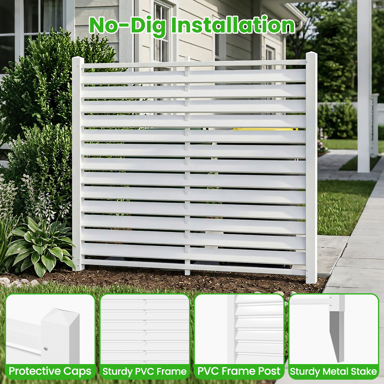 Air Conditioner Fence, White Vinyl Pool Equipment Enclosure Panel with Metal Stakes, Outdoor Trash Can Screen Privacy Fence Panels for Outside
