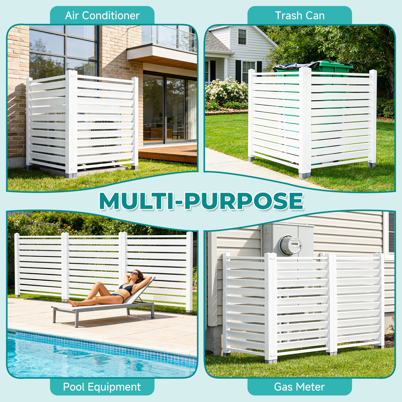 Air Conditioner Fence, White Vinyl Pool Equipment Enclosure Panel with Metal Stakes, Outdoor Trash Can Screen Privacy Fence Panels for Outside