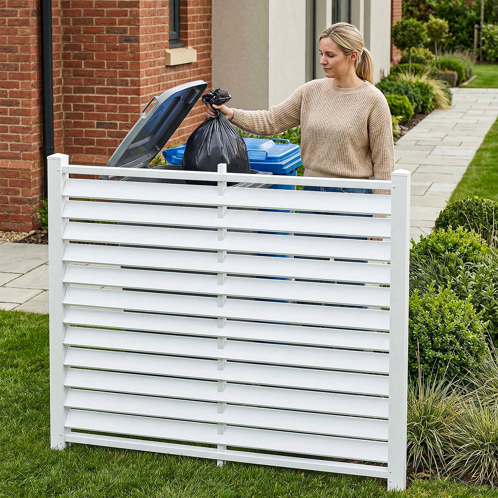 Air Conditioner Fence, White Vinyl Pool Equipment Enclosure Panel with Metal Stakes, Outdoor Trash Can Screen Privacy Fence Panels for Outside