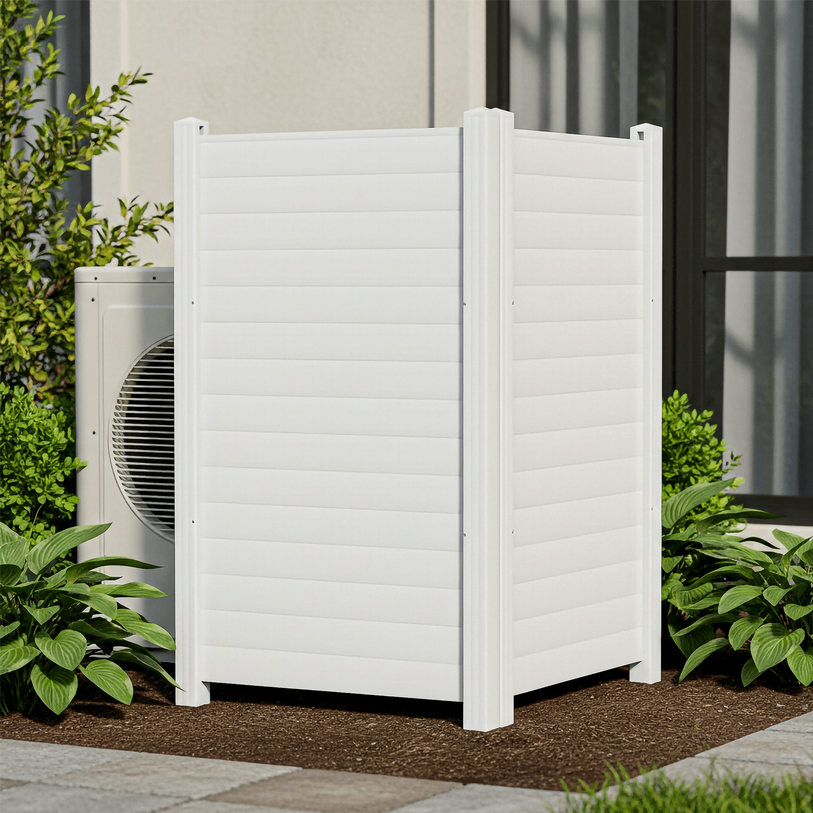 Air Conditioner Fence, White Vinyl Pool Equipment Enclosure Panel with Metal Stakes, Outdoor Trash Can Screen Privacy Fence Panels for Outside