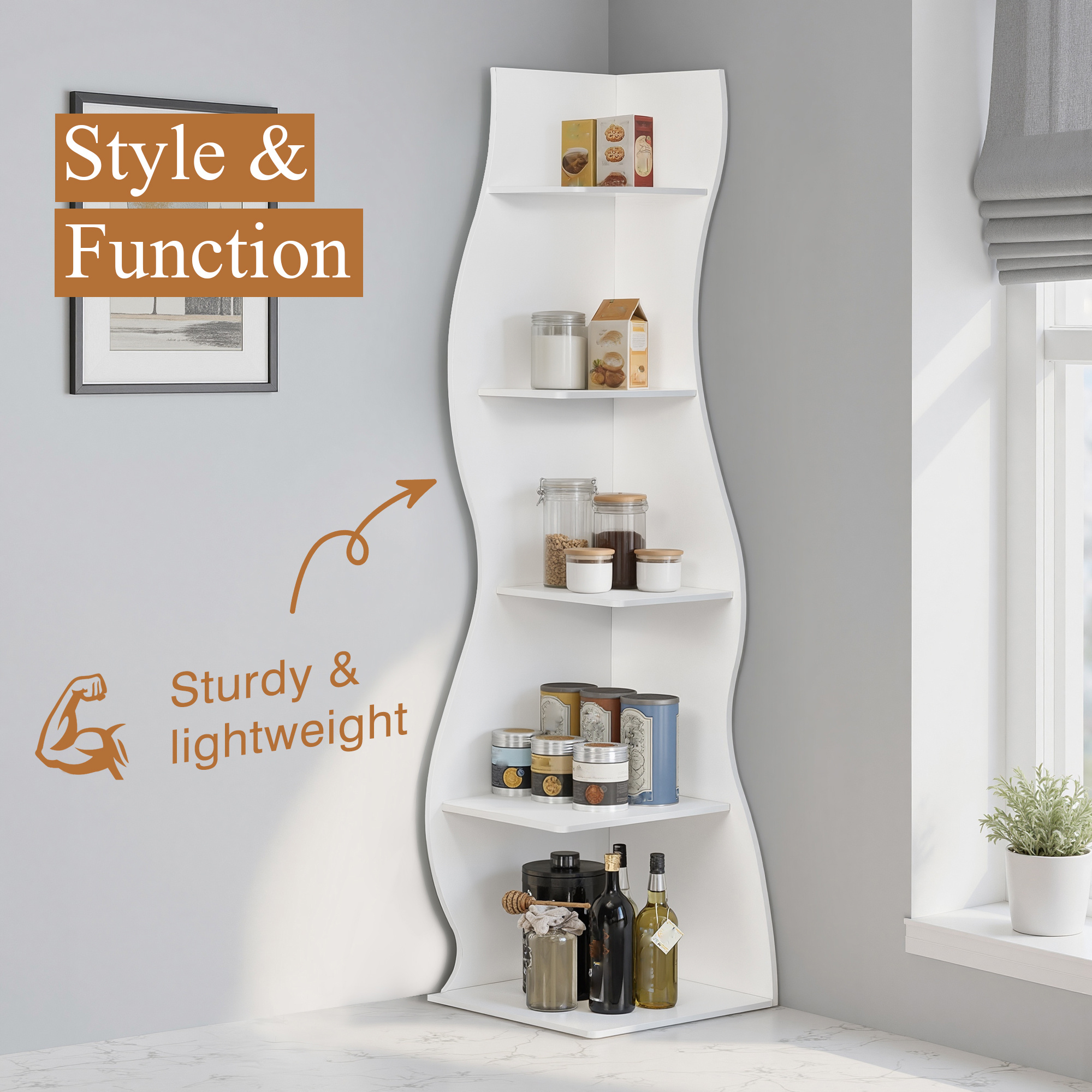 5-Tier Corner Shelf, Modern Wall Corner Bookshelf, Stylish Bookcase Storage Rack for Small Space, Living Room, Bedroom, Home Office