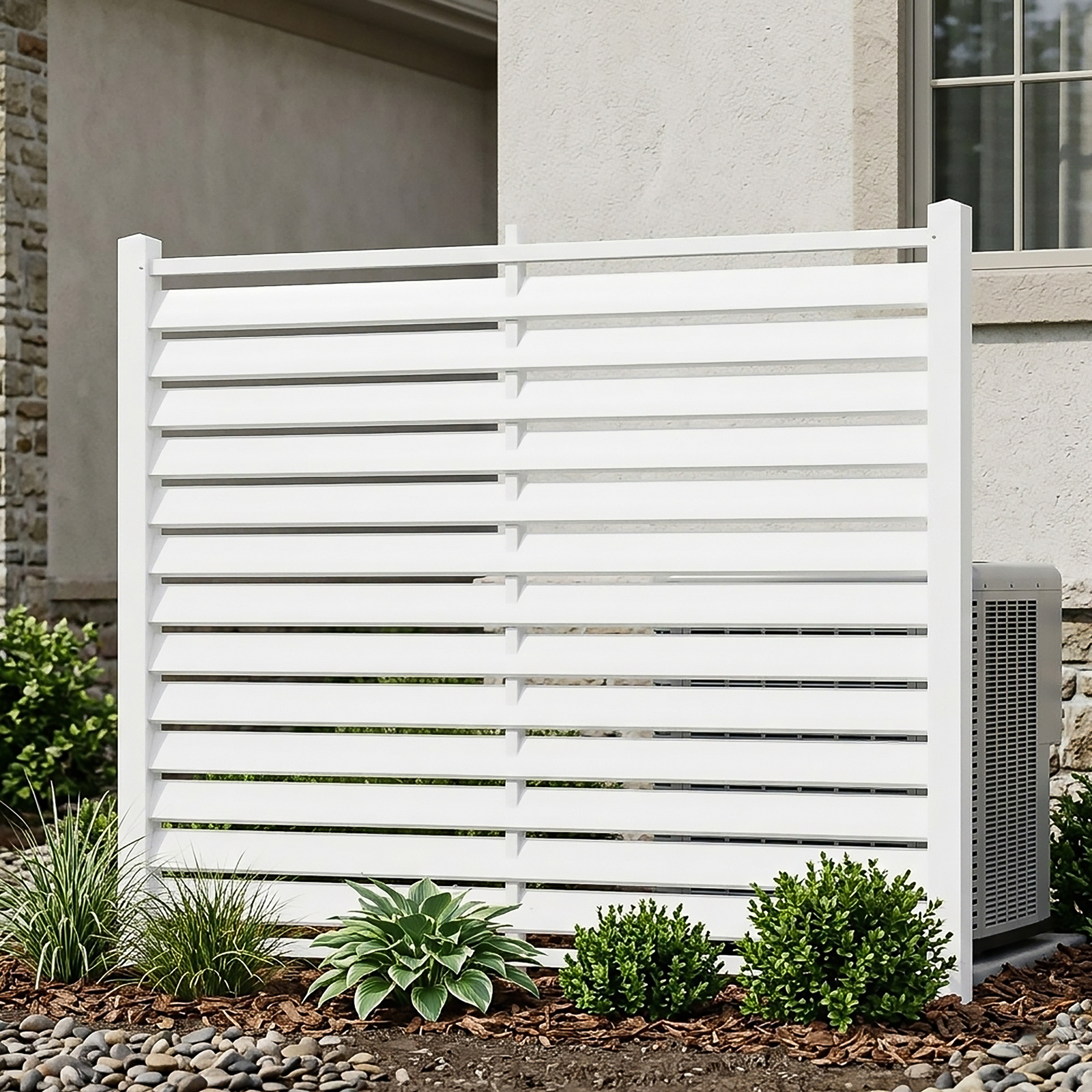 Air Conditioner Fence, White Vinyl Pool Equipment Enclosure Panel with Metal Stakes, Outdoor Trash Can Screen Privacy Fence Panels for Outside