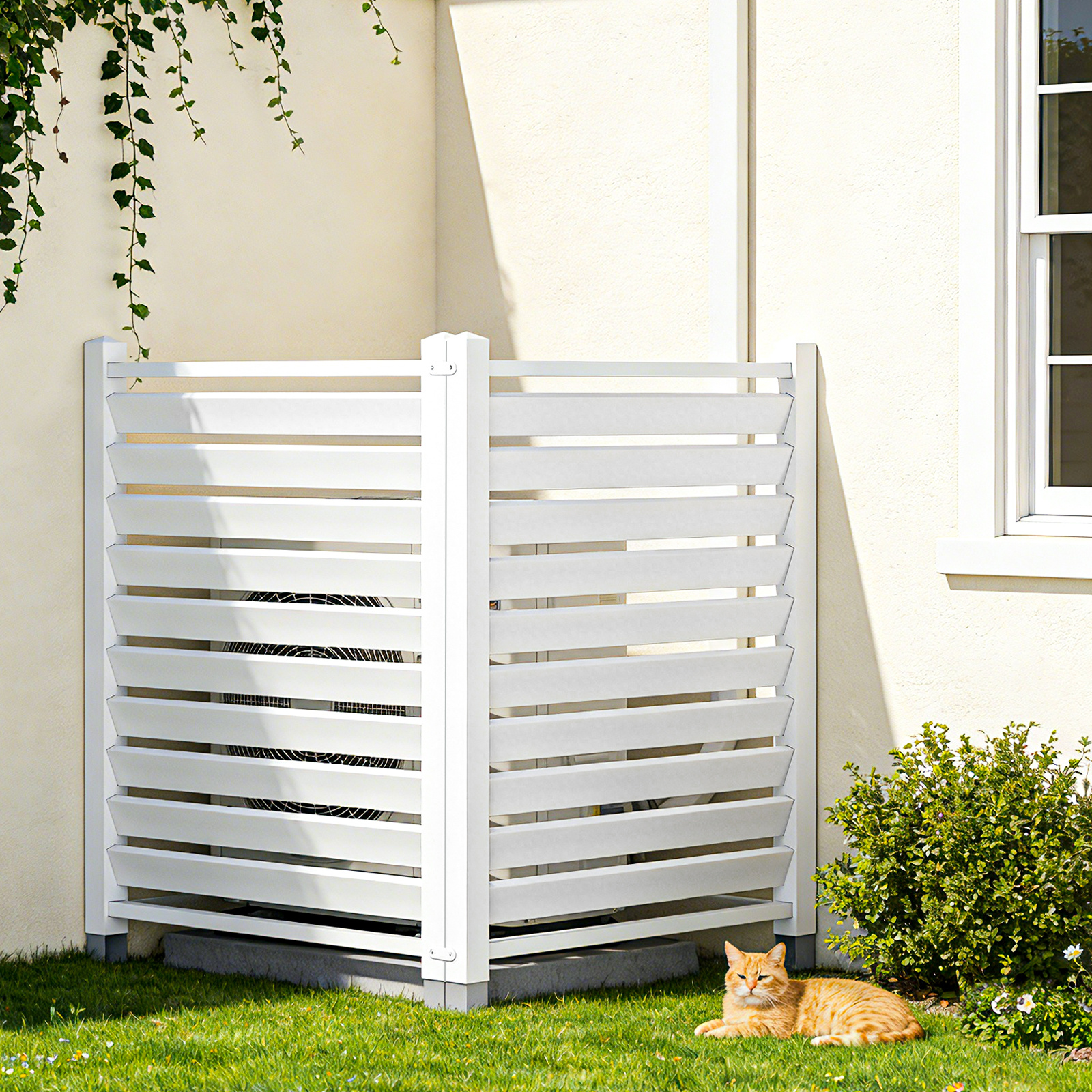 Air Conditioner Fence, White Vinyl Pool Equipment Enclosure Panel with Metal Stakes, Outdoor Trash Can Screen Privacy Fence Panels for Outside