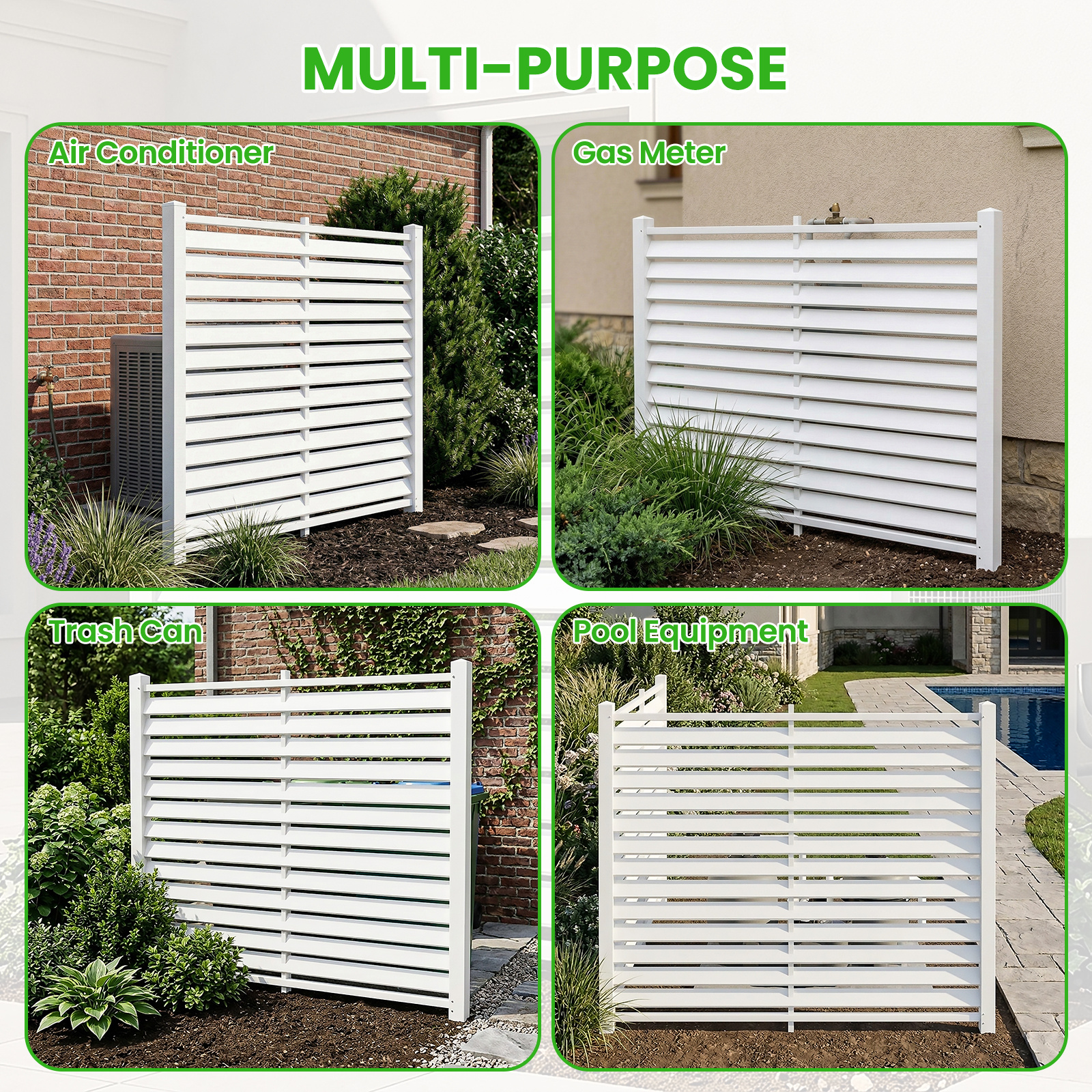 Air Conditioner Fence, White Vinyl Pool Equipment Enclosure Panel with Metal Stakes, Outdoor Trash Can Screen Privacy Fence Panels for Outside