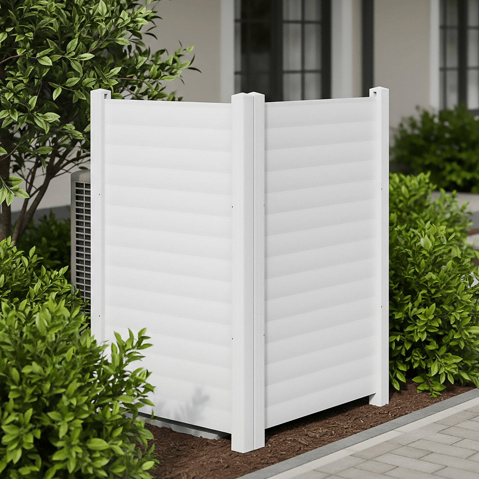 Air Conditioner Fence, White Vinyl Pool Equipment Enclosure Panel with Metal Stakes, Outdoor Trash Can Screen Privacy Fence Panels for Outside