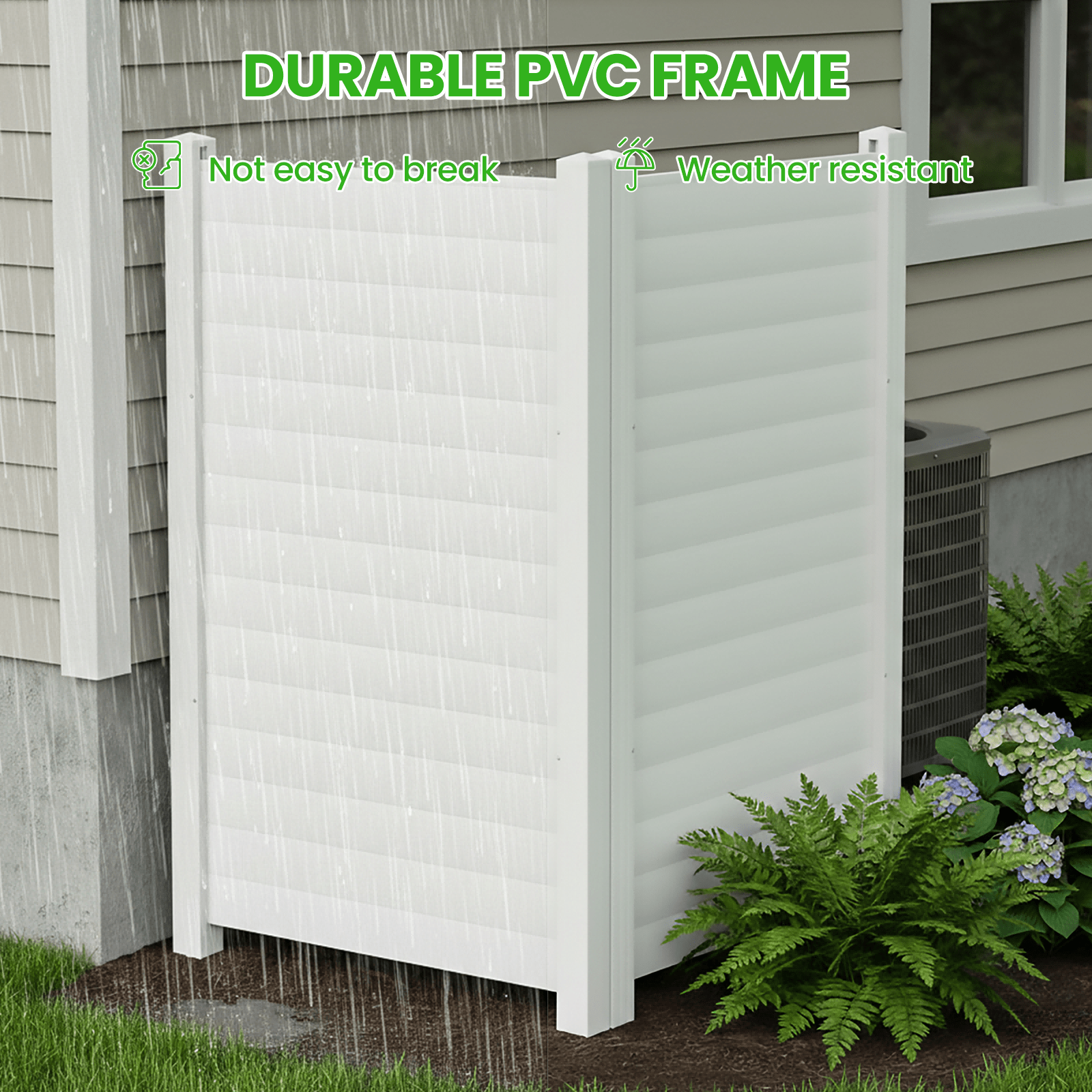 Air Conditioner Fence, White Vinyl Pool Equipment Enclosure Panel with Metal Stakes, Outdoor Trash Can Screen Privacy Fence Panels for Outside